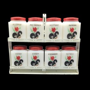 Vintage Tipp City Black Leaf Flower Milk Glass Spice Shakers w/ Tilted Rack